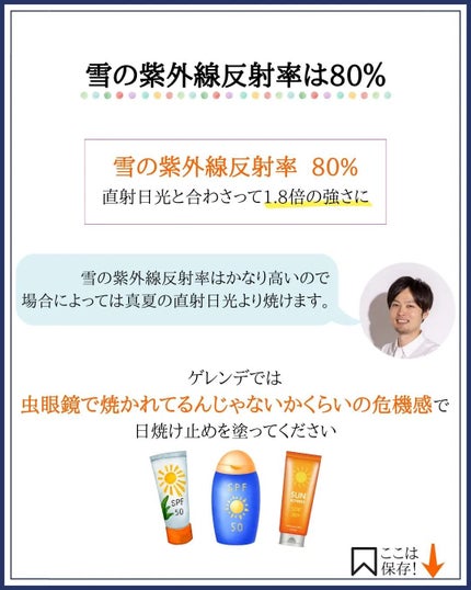 みついだいすけ on LIPS 「雪のUV反射率は80%。直射日光と合わせると1.8倍にもなり..」(5枚目)