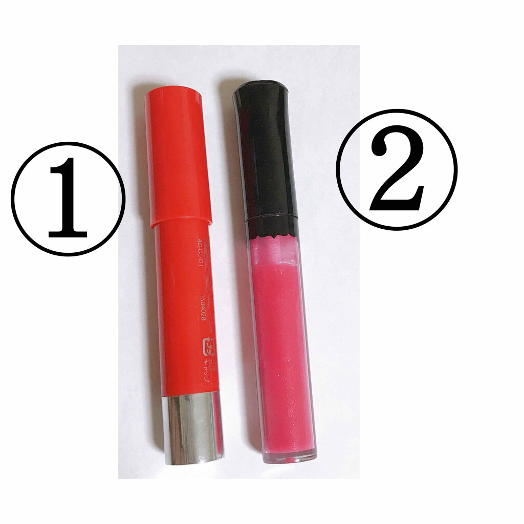 DAISO MP フラワーリップグロスのクチコミ「赤ベースのリップを使ってうるうるリップ✨

①を唇全体に塗る
②を唇全体に塗る

フラワーリッ.....」（2枚目）