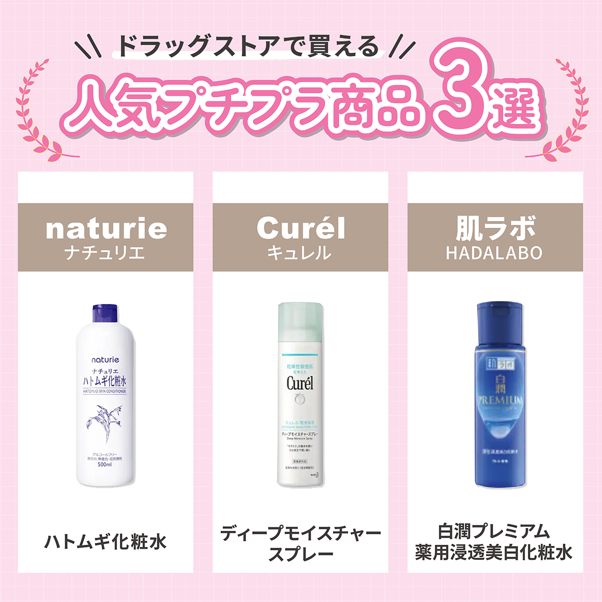 ドラッグストアで買える人気プチプラ商品3選。naturie（ナチュリエ）ハトムギ化粧水・Curél（キュレル）ディープモイスチャースプレー・肌ラボ（HADALABO）白潤プレミアム薬用浸透美白化粧水。