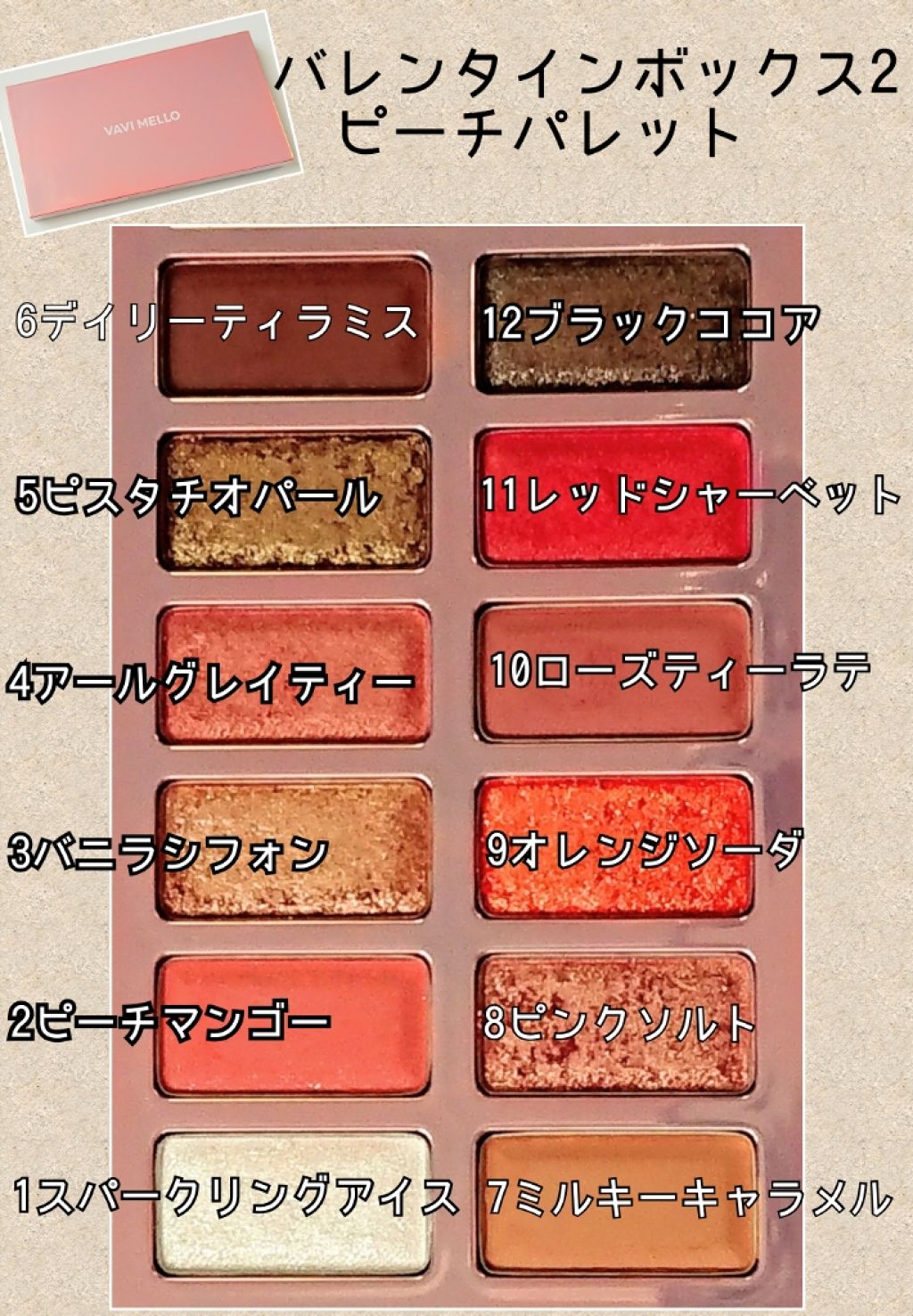 バレンタインボックス2 ピーチパレット/VAVI MELLO/アイシャドウパレットを使ったクチコミ(2枚目)