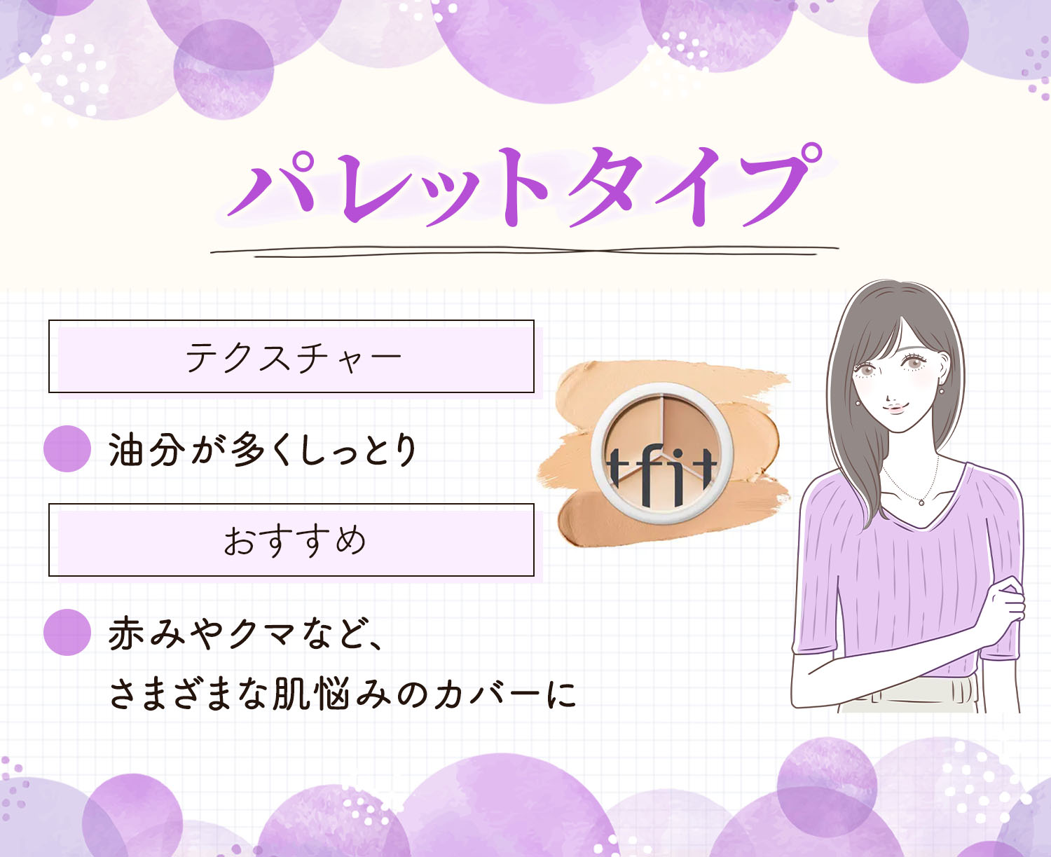 パレットタイプは油分が多くしっとりしているテクスチャーで赤みやクマなど、さまざまな肌悩みのカバーにおすすめ。