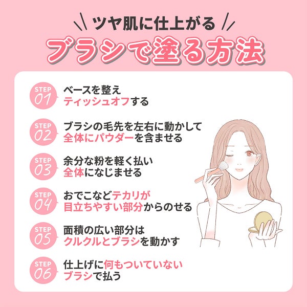ツヤ肌に仕上がるブラシで塗る方法。ベースを整えティッシュオフする。ブラシの毛先を左右に動かして全体にパウダーを含ませる。余分な粉を軽く払い全体になじませる。おでこなどテカリが目立ちやすい部分からのせる。面積の広い部分などはクルクルとブラシを動かす。仕上げに何もついていないブラシで払う。