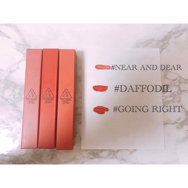 #3CE ベルベットリップティント

#NEARANDDEAR
#DAFFODIL
#GOINGRIGHT

この３色を購入しました。

つかけてみた感想と致しましては
発色はすごく良かったです。縦じわ