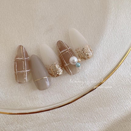 #ネイル,#大人ニュアンスネイル,#ニュアンスネイル,#ジェルネイル,#パールネイル,#チェックネイル,#冬ネイルのネイルデザイン
