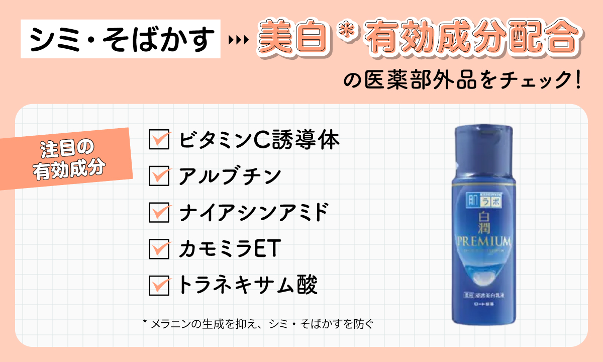 シミ・そばかす→美白*有効成分配合の医薬部外品をチェック！ビタミンC誘導体・アルブチン・ナイアシンアミド・カモミラET・トラネキサム酸などの有効成分に注目。*メラニンの生成を抑え、シミ・そばかすを防ぐ