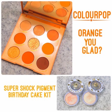 colourpop 
①〜⑨
ORANGE YOU GLAD?

②⑦がシマーなmetallic
⑤が派手な輝きのglitter
それ以外はmatte

マットなオレンジアイシャドウは中々珍しいと思って