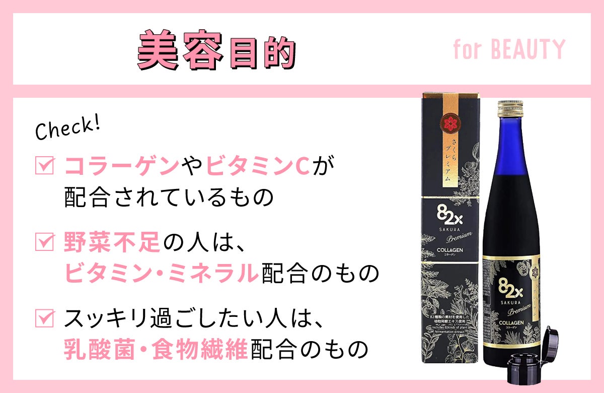 美容目的なら美容成分であるコラーゲン・ビタミンCが配合されているもの、野菜不足の人はビタミン・ミネラル配合のもの、スッキリ過ごしたい人は乳酸菌・食物繊維配合のものをチェック。