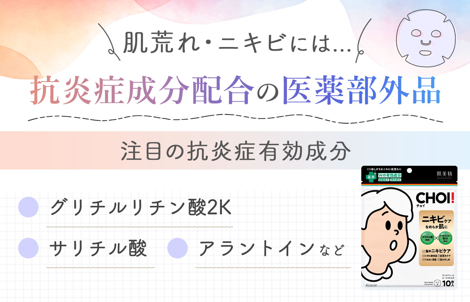 肌荒れ・ニキビには抗炎症成分配合の医薬部外品。グリチルリチン酸2K・サリチル酸・アラントインなどの抗炎症有効成分に注目。
