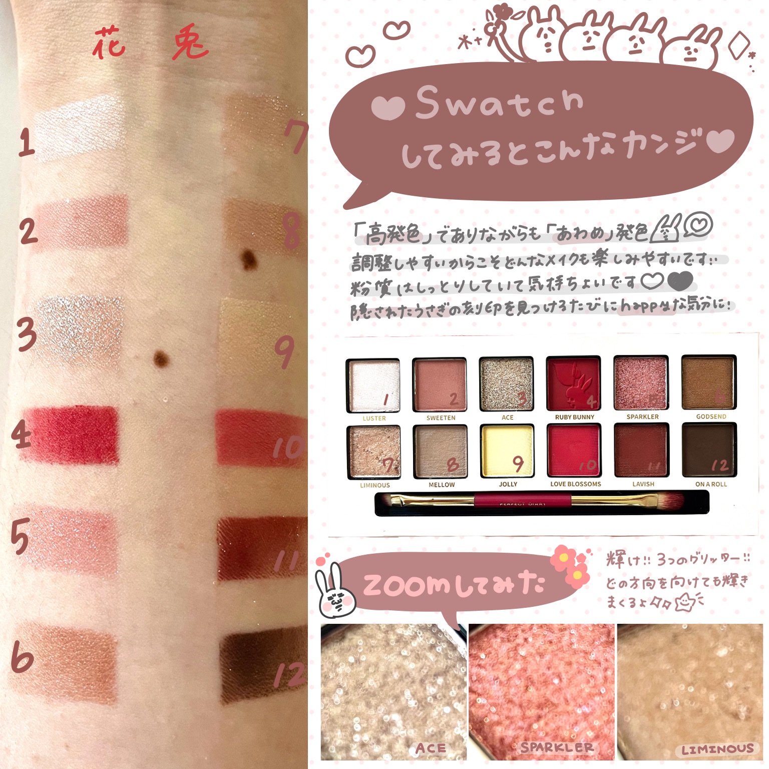 エクスプローラ12色 動物アイシャドウパレット 花兎(ラッキーラビット)/PERFECT DIARY/アイシャドウパレットを使ったクチコミ（2枚目）