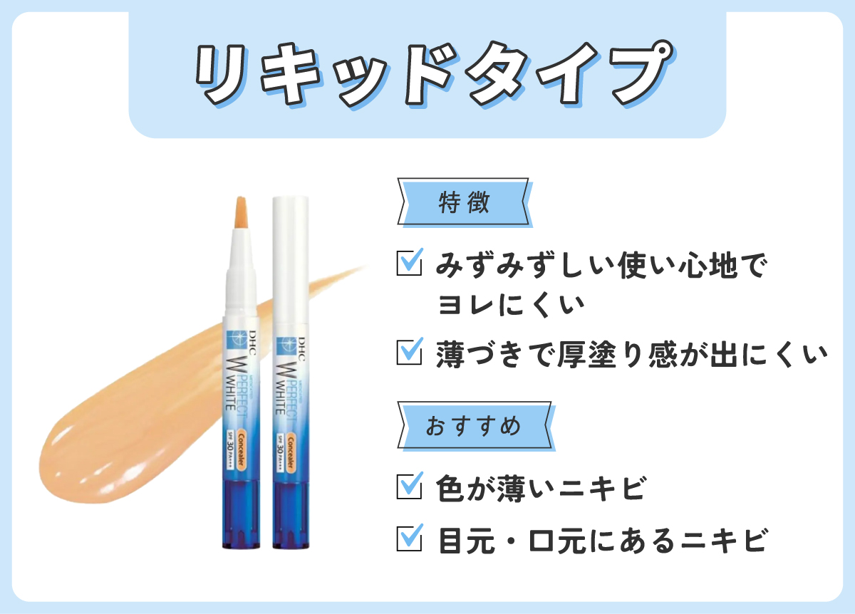 リキッドタイプはみずみずしい使い心地でヨレにくく薄づきで厚塗り感が出にくい。色が薄いニキビや目元・口元にあるニキビにおすすめ。