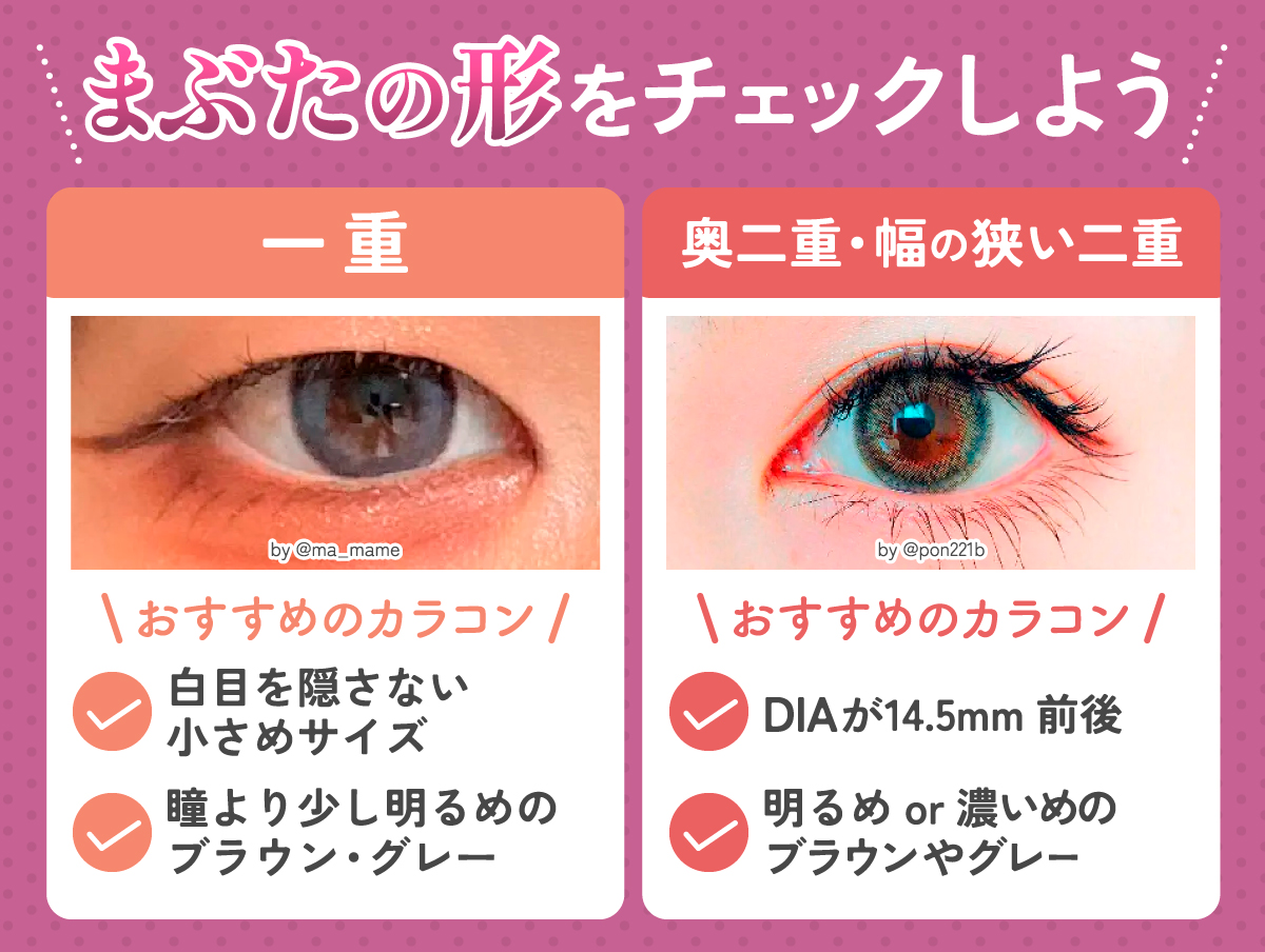 一重さんにおすすめのカラコンは白目を隠さない小さめサイズで、瞳より少しめのブラウンやグレーを選ぶとGOOD！奥二重・幅の狭い二重さんにおすすめのカラコンはDIAが14.5mm前後で明るめor濃いめブラウンやグレー。