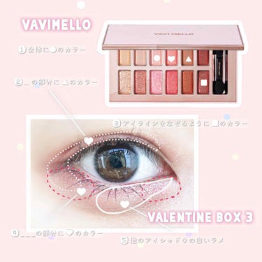 バレンタインメイク 🎀 
vavimello valentine box 3を使って。

① ●のカラーをアイホールと下まぶた全体に。
② ▲のカラーを .... の範囲に。
③ アイラインの上をなぞる