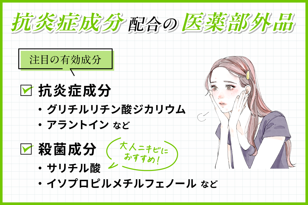 抗炎症成分配合の医薬部外品は抗炎症成分と殺菌成分に注目。抗炎症成分はグリチルリチン酸ジカリウム・アラントインなど。殺菌成分はサリチル酸・イソプロピルメチルフェノールなど。サリチル酸は大人ニキビにおすすめ！