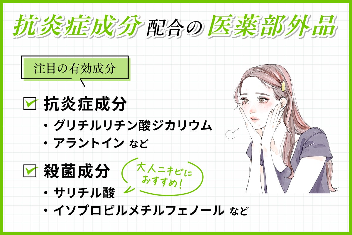 抗炎症成分配合の医薬部外品は抗炎症成分と殺菌成分に注目。抗炎症成分はグリチルリチン酸ジカリウム・アラントインなど。殺菌成分はサリチル酸・イソプロピルメチルフェノールなど。サリチル酸は大人ニキビにおすすめ!