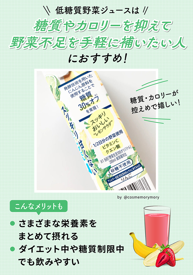 低糖質野菜ジュースは糖質やカロリーを抑えて野菜不足を手軽に補いたい人におすすめ！糖質・カロリーが控えめで嬉しい！さまざまな栄養素をまとめて摂れてダイエット中や糖質制限中でも飲みやすいのがメリット。
