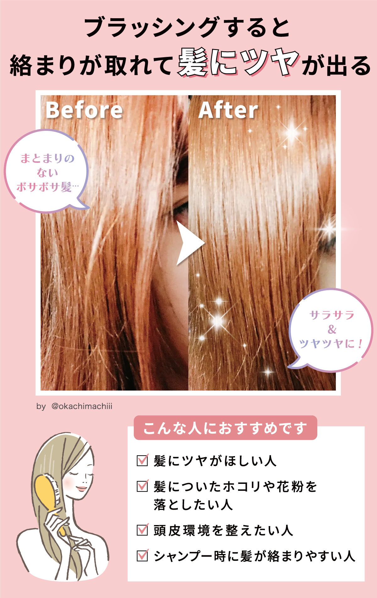 ブラッシングすると絡まりが取れて髪にツヤが出る。まとまりのないボサボサ髪もサラサラ&ツヤツヤに！髪にツヤがほしい人・髪についたホコリや花粉を落としたい人・頭皮環境を整えたい人・シャンプー時に髪が絡まりやすい人におすすめです。