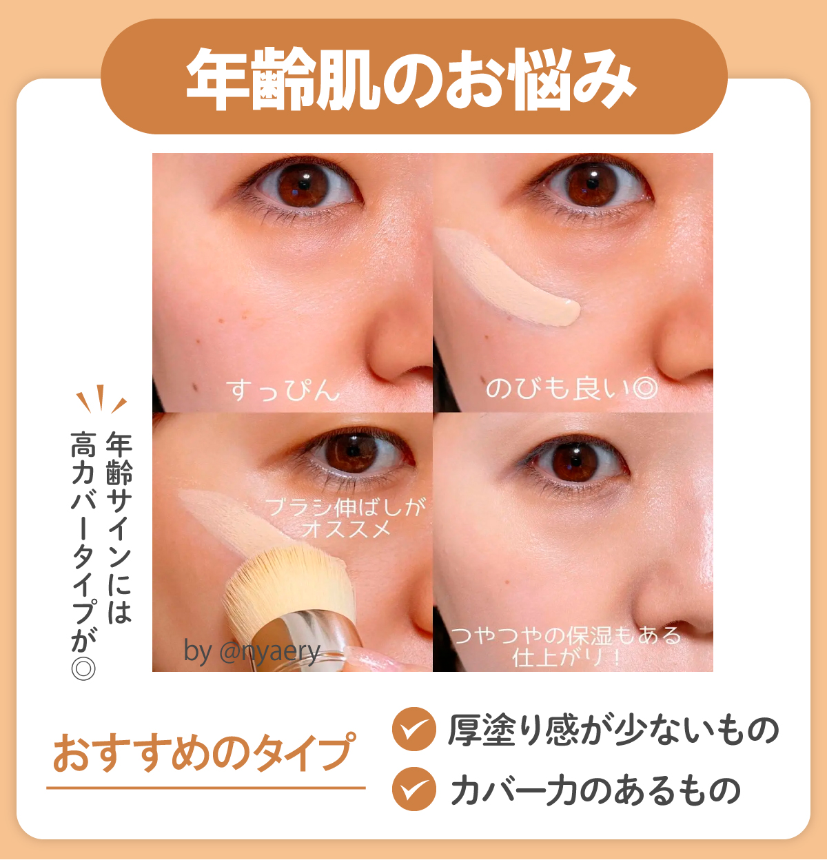 年齢肌のお悩みには厚塗り感が少なくカバー力のあるものがおすすめ。年齢サインには高カバータイプが◎