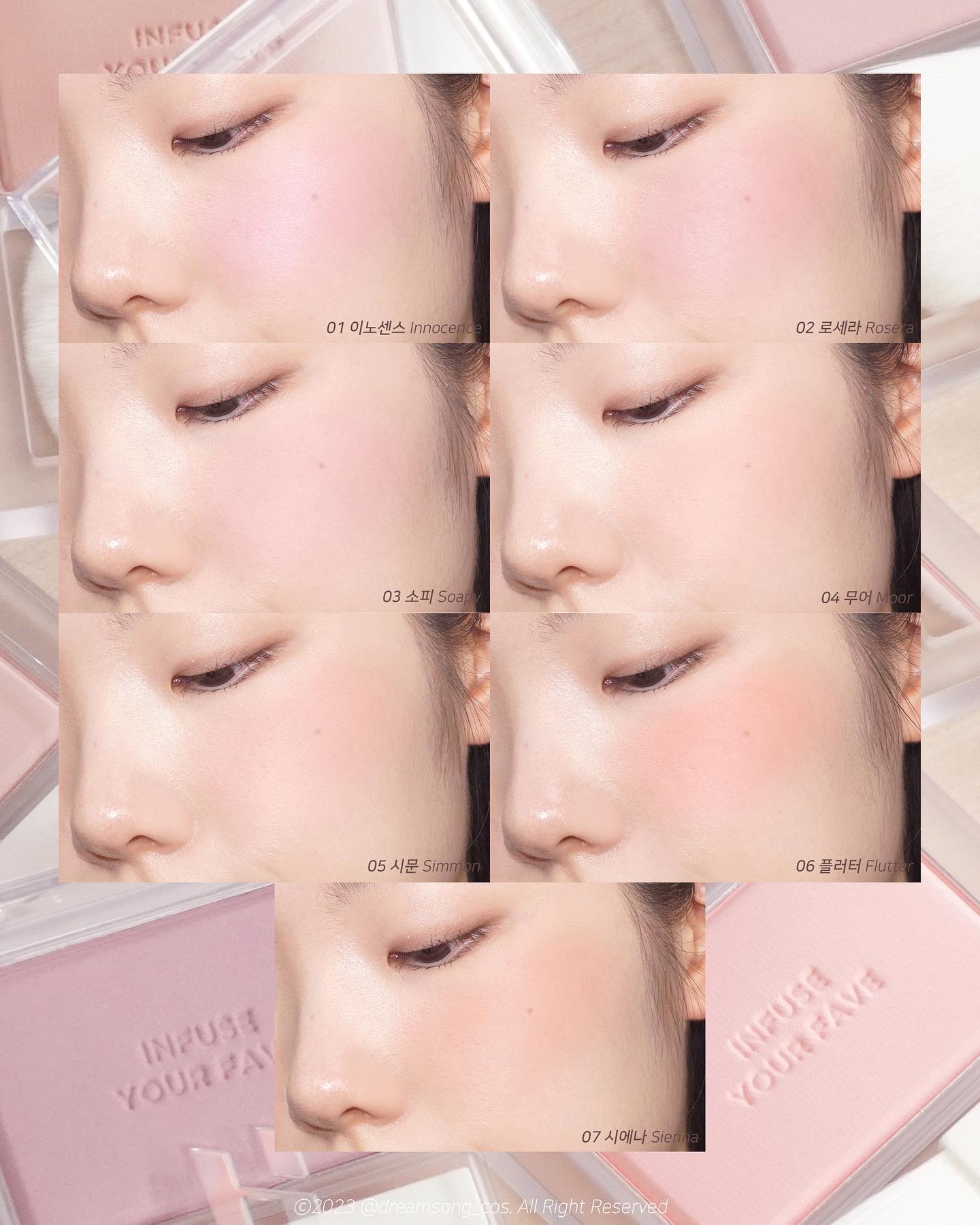 * ••┈┈┈┈┈┈┈┈•• *

HOLIKA HOLIKA 
MY FAVE INFUSING BLUSH 7 colors

01 Innocence
02 Rosera
03 Soapy
04 Moor
05 Simoon
06 F