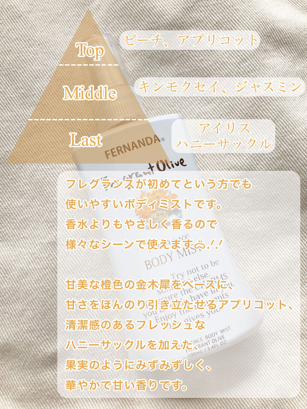 フェルナンダ フレグランスボディミスト(フレグラントオリーブ)のクチコミ「〘 甘美な香り 〙



とろけるほど甘く、柔らかい金木犀の香り‪‪𓂃𓈒𓏸


フレグランスが.....」（3枚目）