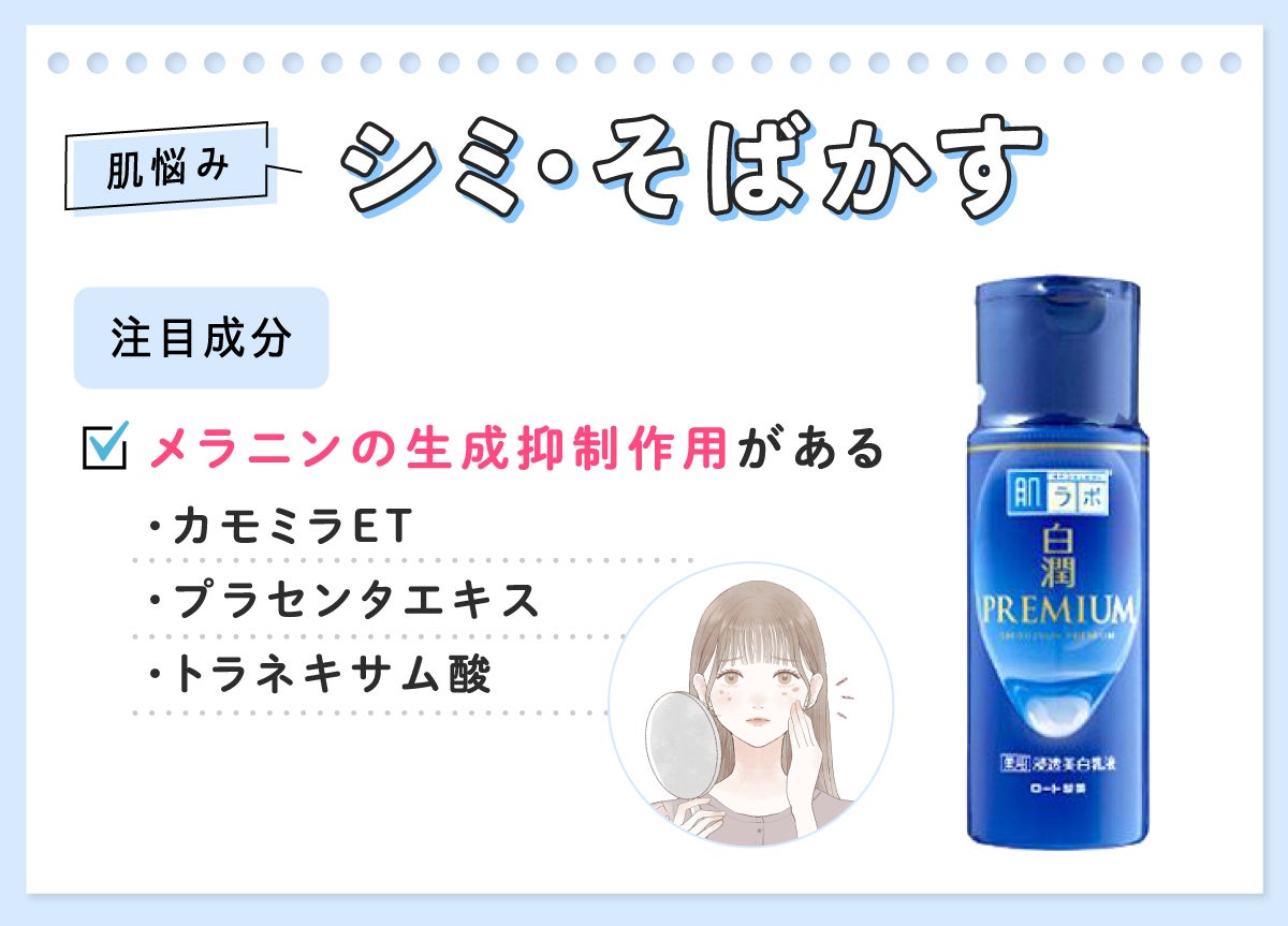 肌悩みがシミ・そばかすならメラニンの生成抑制作用があるカモミラET・プラセンタエキス・トラネキサム酸がおすすめ。