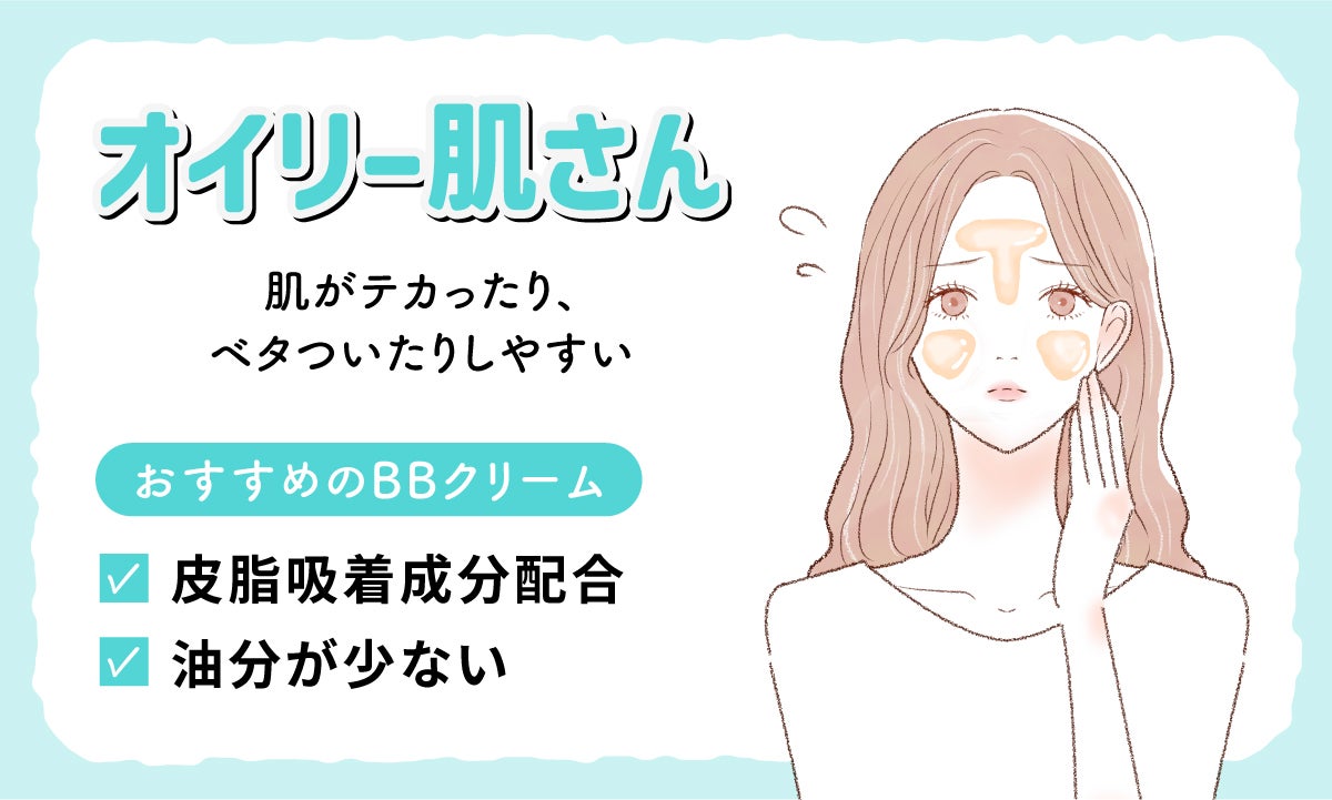 肌がテカったり、ベタついたりしやすいオイリー肌さんには油分が少なく皮脂吸着成分配合のBBクリームがおすすめです。
