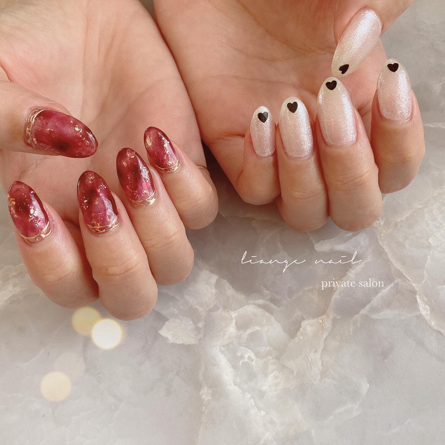 #リアンジェネイル,#柏ネイル,#ネイル,#ニュアンスネイル,#大人ニュアンスネイル,#ミラーネイル,#赤ネイル,#ハートネイル,#天然石ネイルのネイルデザイン