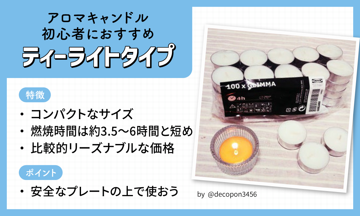 ティーライトタイプはアロマキャンドル初心者におすすめ。コンパクトなサイズは燃焼時間は3.5～6時間と短めなことと、比較的リーズナブルな価格なことが特徴。