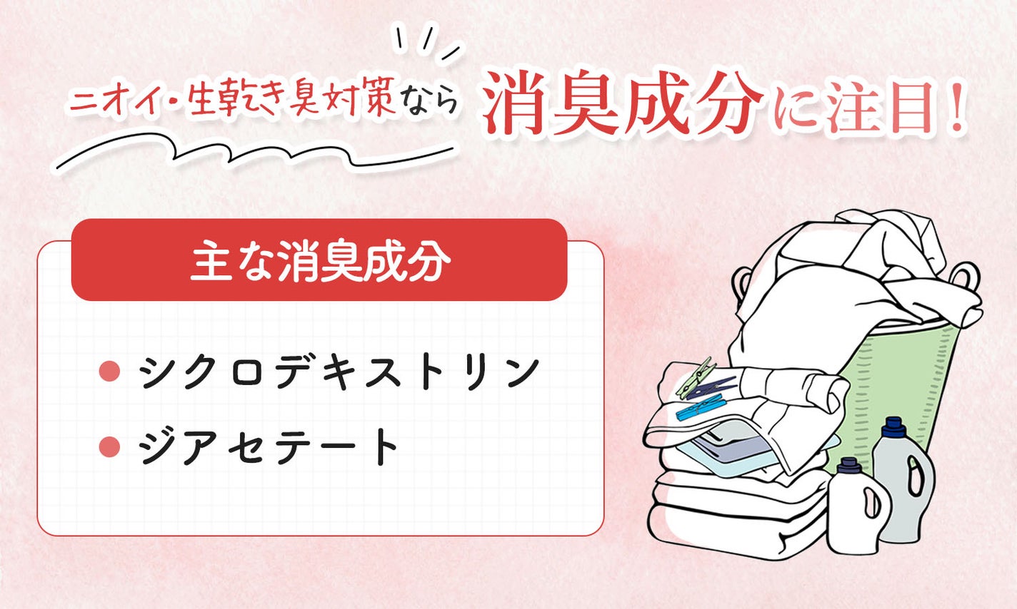ニオイ・生乾き臭対策なら消臭成分に注目!主な消臭成分はシクロデキストリンとジアセテート。