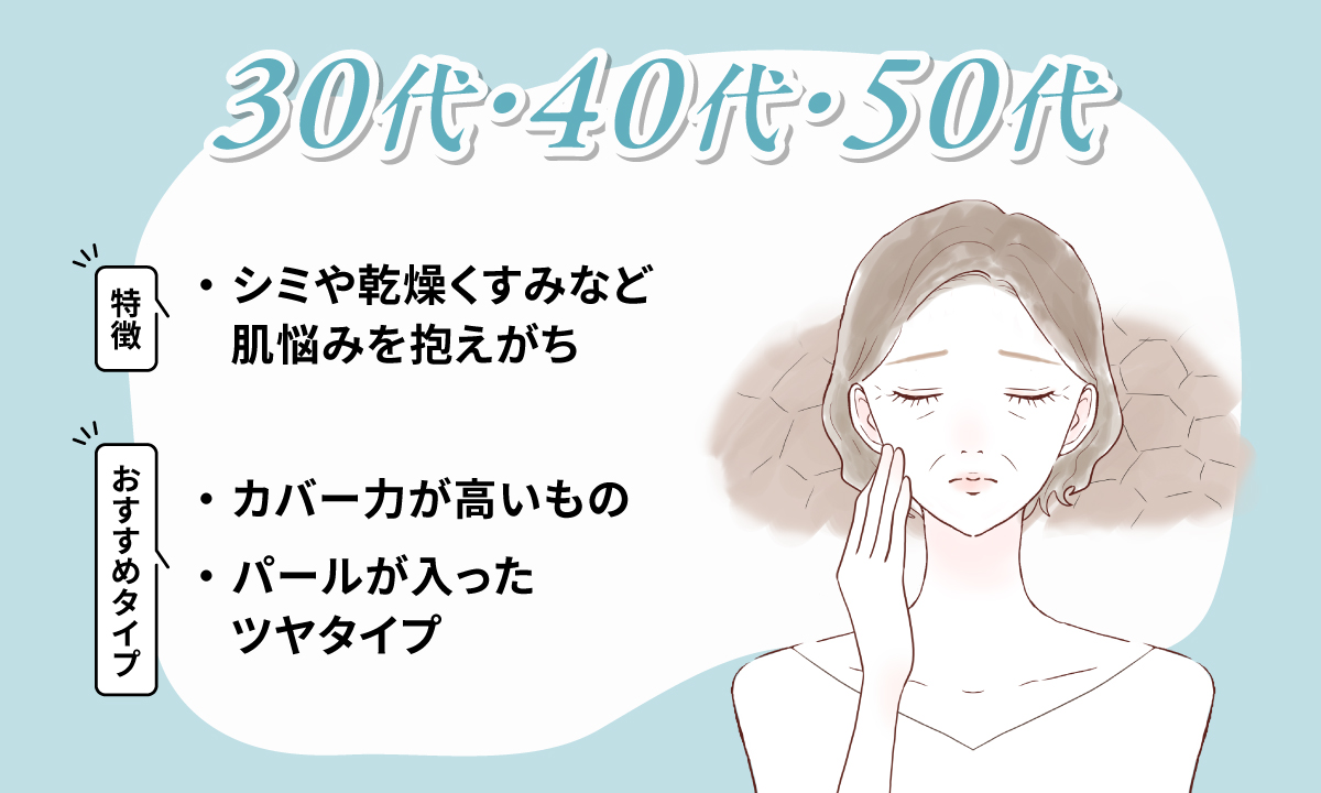 30代・40代・50代はシミや乾燥くすみなど肌悩みを抱えがちなのでカバー力が高いものやパールが入ったツヤタイプがおすすめ。