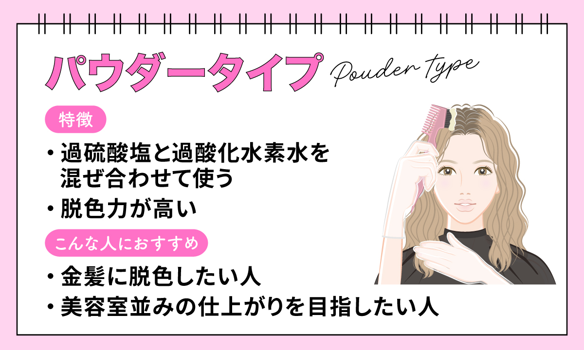 パウダータイプは、過硫酸塩と過酸化水素水を 混ぜ合わせて使う。脱色力が高い。金髪に脱色したい人、美容室並みの仕上がりを目指したい人におすすめ。