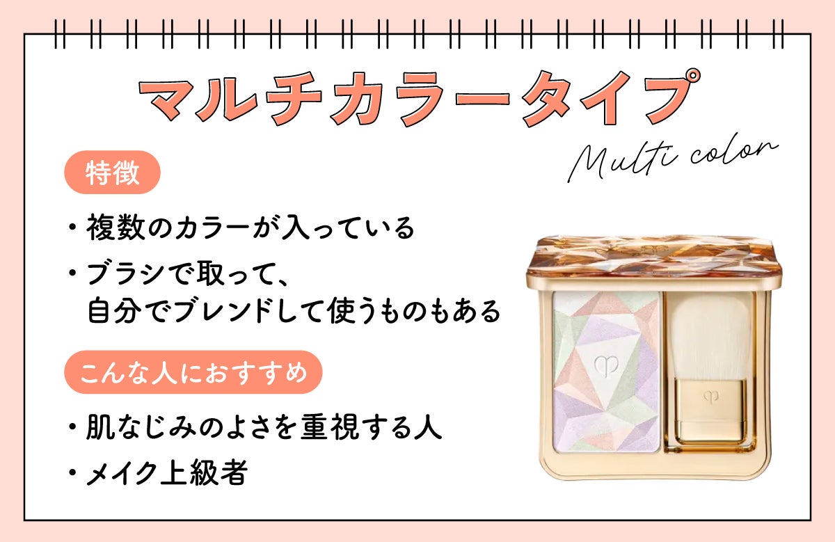 マルチカラータイプの特徴は複数のカラーが入りブラシで取って、自分でブレンドして使うものもある。肌なじみのよさを重視する人やメイク上級者におすすめ。