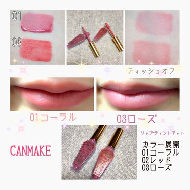 🌸CANMAKE リップティントマット🌸

最近発売されたばかりのマットティントです♪

マットと言うと、使いにくいというイメージがあるかもしれませんが、
このリップは初めての方でも使いやすいです😊

