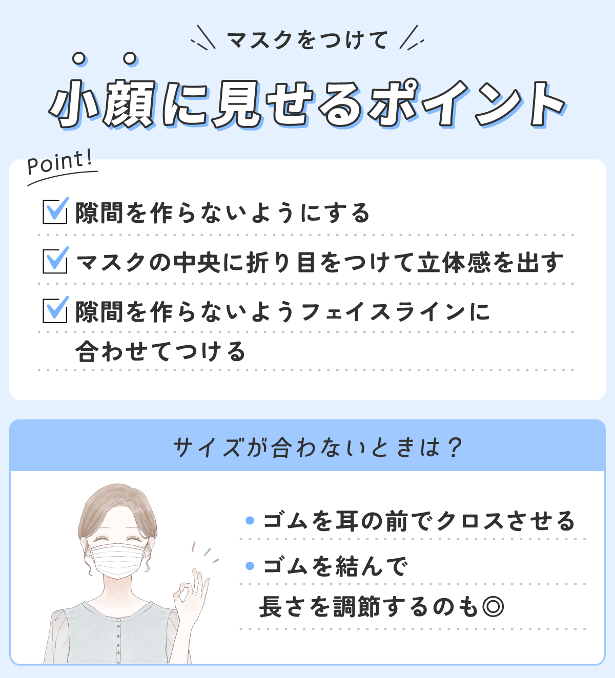マスクをつけて小顔に見せるポイント。隙間を作らないようにする・マスクの中央に折り目をつけて立体感を出す・隙間を作らないようにフェイスラインに合わせてつける。サイズが合わないときはゴムを耳の前でクロスさせる。ゴムを結んで長さを調整するのも◎。