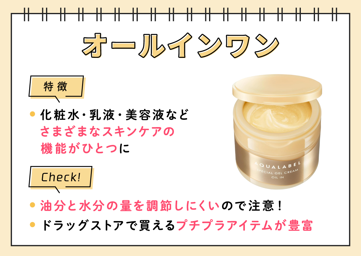 オールインワンの特徴は、化粧水・乳液・美容液などさまざまなスキンケアの機能がひとつになっていること。油分と水分の量を調節しにくいので注意！ドラッグストアで買えるプチプラアイテムが豊富