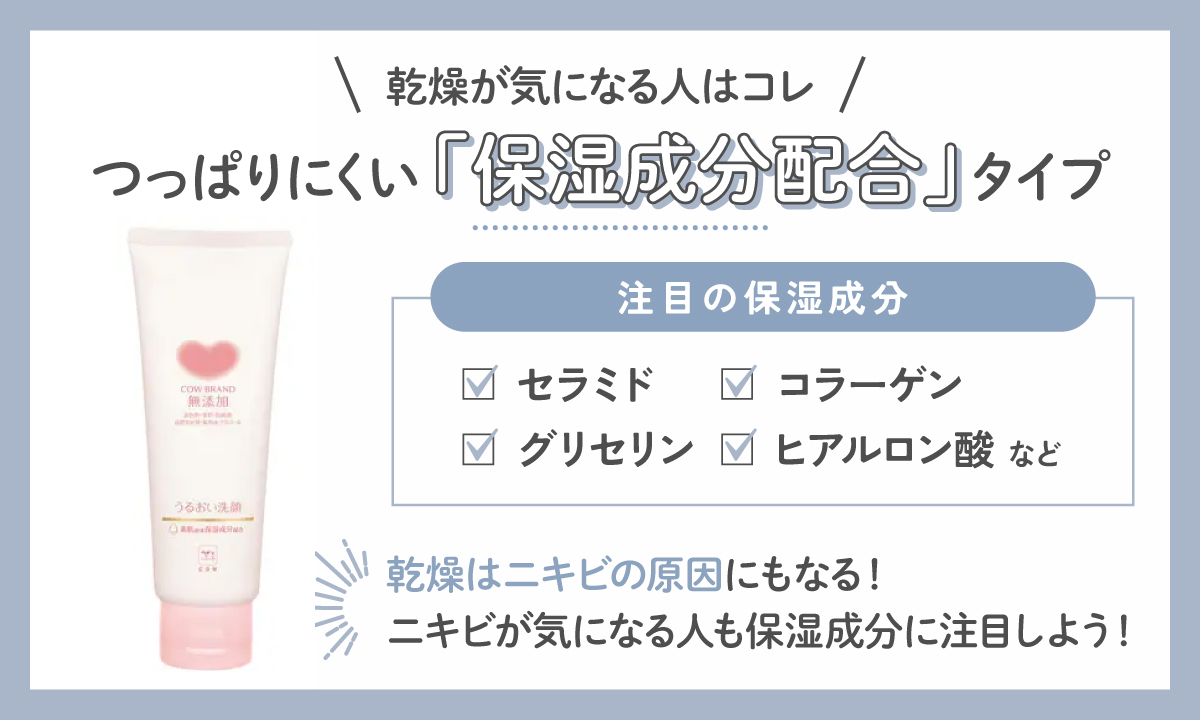 乾燥が気になる人は、つっぱりにくい保湿成分配合タイプ。注目の保湿成分は、セラミド・グリセリン・コラーゲン・ヒアルロン酸など。乾燥はニキビの原因にもなる！ ニキビが気になる人も保湿成分に注目しよう！