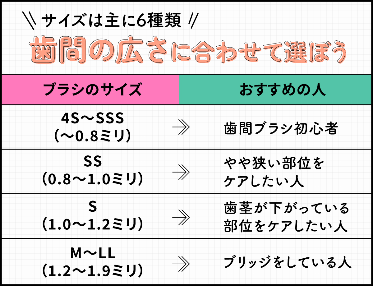 ブラシのサイズは主に6種類。歯間の広さに合わせて選ぼう。ブラシのサイズが4S〜SSS（～0.8ミリ）は歯間ブラシ初心者、SS（0.8～1.0ミリ）はやや狭い部位をケアしたい人、S（1.0～1.2ミリ）は歯茎が下がっている部位をケアしたい人、M〜LL（1.2～1.9ミリ）はブリッジをしている人におすすめ。