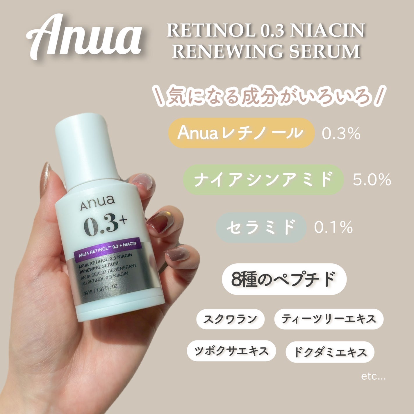 ã¬ãããŒã«0.3 ãã€ã¢ã·ã³ãªãã¥ãŒã€ã³ã°ã»ã©ã /Anua/çŸå®¹æ¶²ã䜿ã£ãã¯ãã³ãïŒ3æç®ïŒ