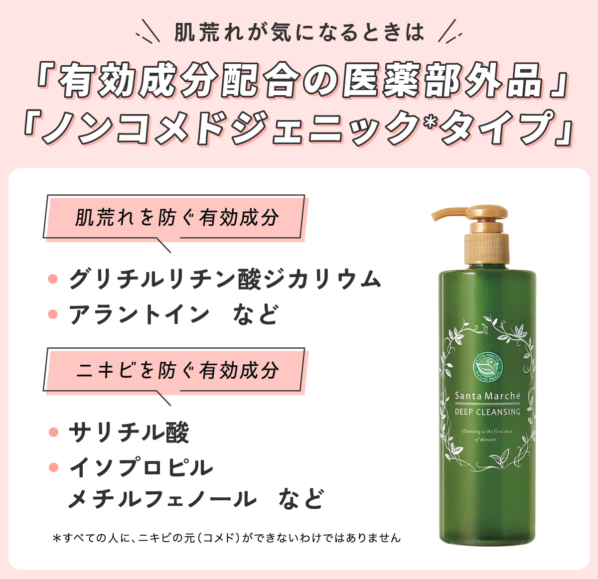 肌荒れが気になるときは「有効成分配合の医薬部外品」「ノンコメドジェニック*タイプ」をチェック。肌荒れを防ぐ有効成分はグリチルリチン酸ジカリウムやアラントインなど。ニキビを防ぐ有効成分はサリチル酸やイソプロピルメチルフェノールなど。*すべての人に、ニキビの元（コメド）ができないわけではありません