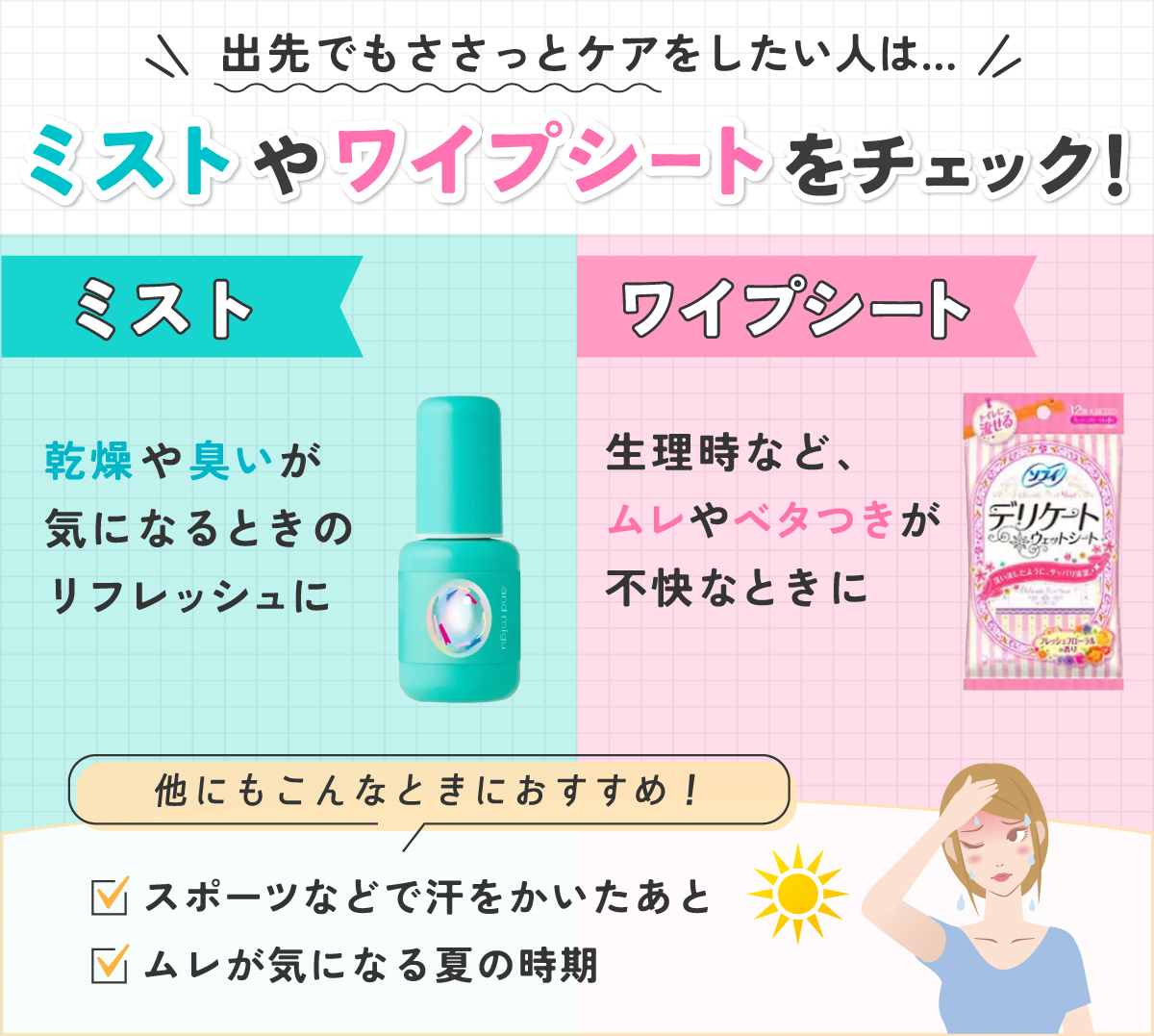 出先でもささっとケアをしたい人はミストやワイプシートをチェック！ミストは、乾燥や臭いが気になるときのリフレッシュにおすすめ。ワイプシートは生理時など、ムレやベタつきが不快なときにぴったり。スポーツなどで汗をかいたあとやムレが気になる夏の時期にもおすすめ。