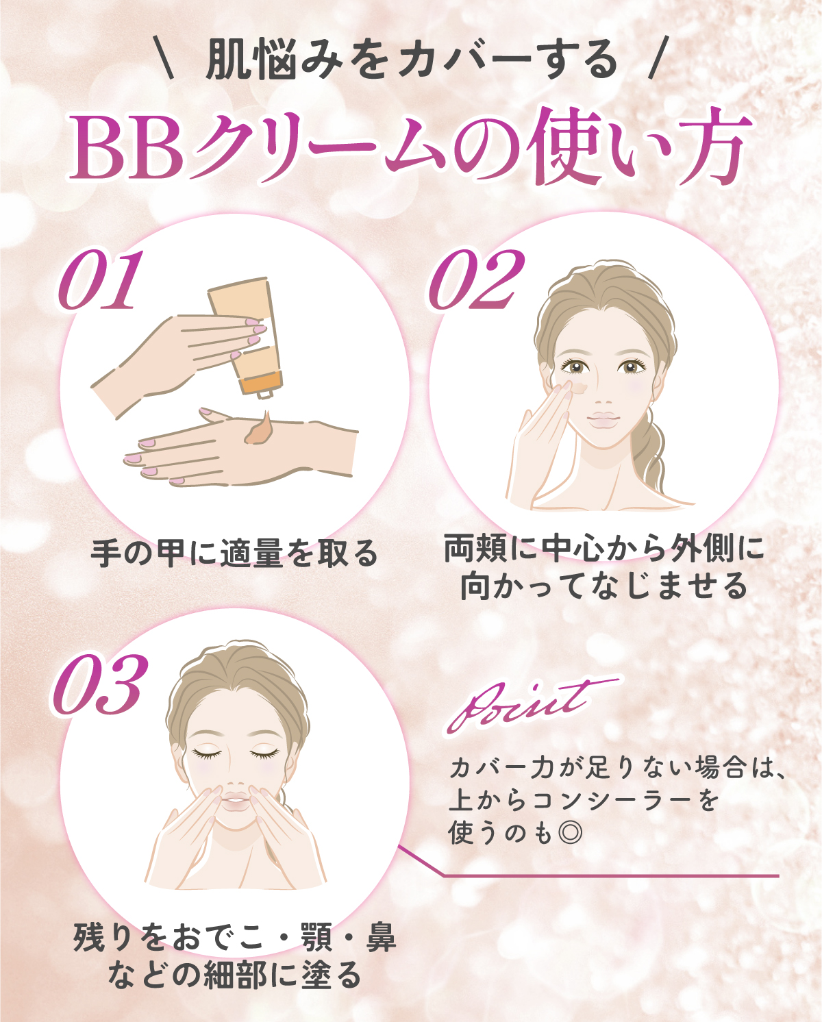 肌悩みをカバーするBBクリームの使い方。手の甲に適量を取り両頬に中心から外側に向かってなじませる。残りをおでこ・頬・鼻などの細部に塗る。カバー力が足りない場合は、上からコンシーラーを使うのも◎。