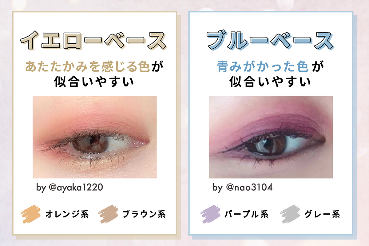 イエローベースはオレンジ系やブラウン系のあたたかみを感じる色が似合いやすい。ブルーベースはパープル系やグレー系の青みがかった色が似合いやすい。