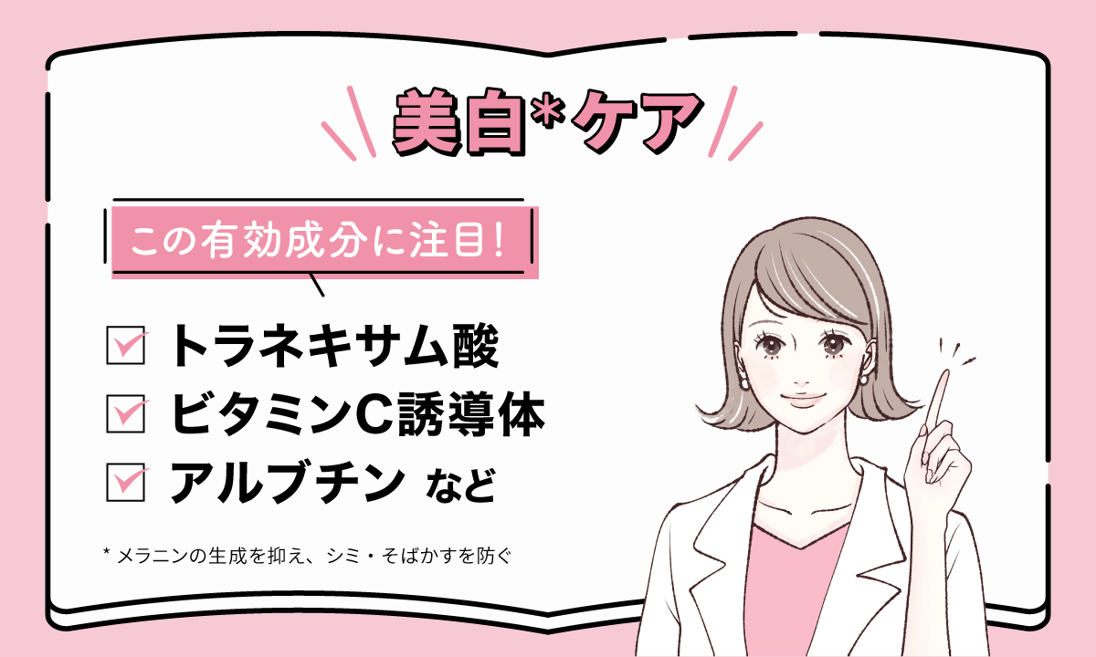 美白*ケアにはトラネキサム酸・ビタミンC誘導体・アルブチンなどの有効成分に注目。*メラニンの生成を抑え、シミ・そばかすを防ぐ