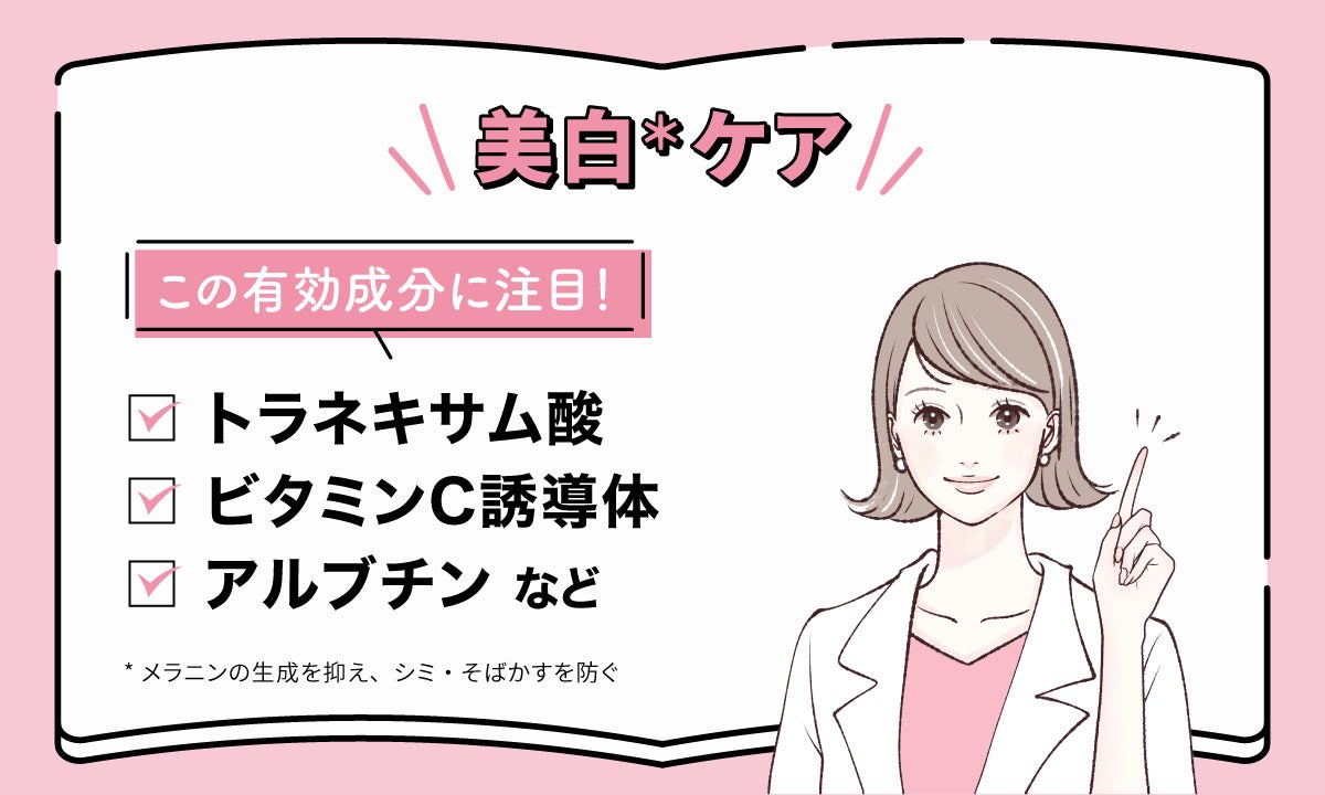 美白*ケアにはトラネキサム酸・ビタミンC誘導体・アルブチンなどの有効成分に注目。*メラニンの生成を抑え、シミ・そばかすを防ぐ