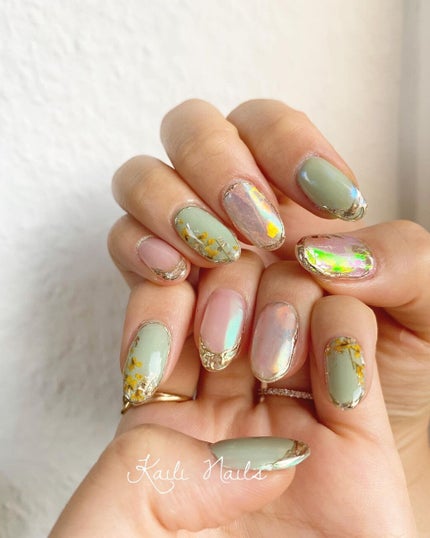 #春ネイル,#ピスタチオネイル,#うるうるネイル,#オーロラネイルのネイルデザイン