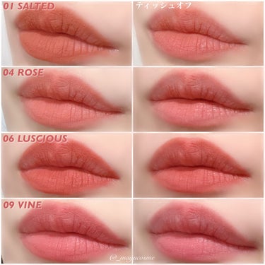 バターのようになめらかな塗り心地♡しっとりマットリップ💋
ーーーーーーーーーー
HOLIKA HOLIKA
BUTTER BLUR TINT
ーーーーーーーーーー

バターのようにクリーミーな質感。
乾燥を感じづらく軽い密着でしっとり続くマットリップ💄

01 SALTED ソルティッド
塩味の効いたバターたっぷりのコーラルヌード
ベースにもおすすめ！

04 ROSEロゼ
香ばしいロゼバターのヌーディーローズ

06 LUSCIOUSラシャス
甘さのあるロージーブリックベージュ

09 VINE バイン
甘い一房のグレープローズ🍇

2〜3回んまんまするとふんわり馴染みおすすめ！
ティッシュオフで色味はかなり薄くなります。
こするとそこそこ落ちますがそんなに気にならないです🙆🏻‍♀️

マットなのにしっとりなのが嬉しい…♡
乾燥しやすく荒れやすい唇なのでこのしっとり感は助かります💋

クセになる滑らかさ、ぜひ試してほしいです❤️

============================= 

 𓈒𓏸 presented by ｟ HOLIKA HOLIKA ｠  

=============================

#HOLIKAHOLIKA #ホリカホリカ #ホリカホリカサポーターズ #韓国コスメ #マットリップ #マットアイテム #リップ #マユコスメ_リップ #正直レビュー  #ピンクコスメ  #推しリップ の画像 その2