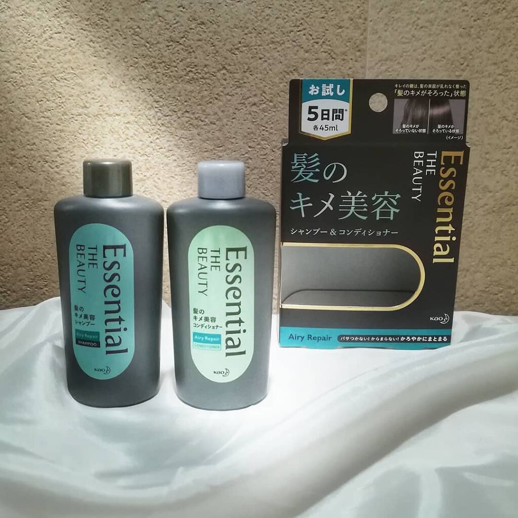 新作　キレイの鍵
【Essential THE BEAUTYトライアルセット　エアリーリペア】花王

ユニセックスなボトル。
女性も男性もどうぞ。
フローラルリュクスの香り。アップルとオリエンタルを感じます。

・シャンプー