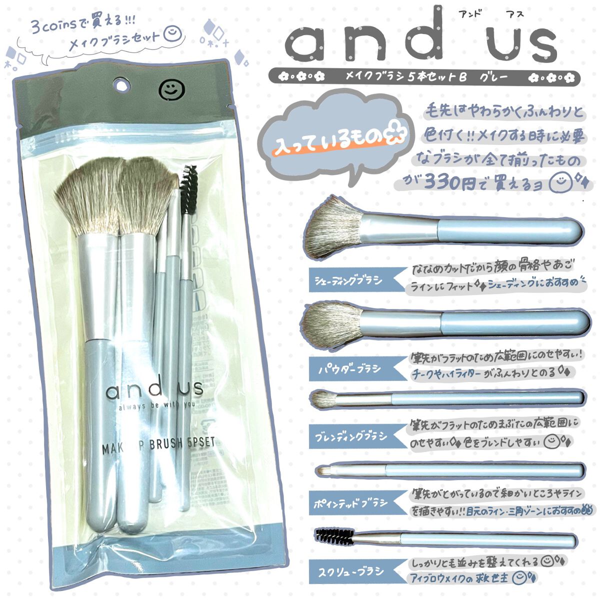 メイクブラシセット/3COINS/メイクブラシを使ったクチコミ（1枚目）