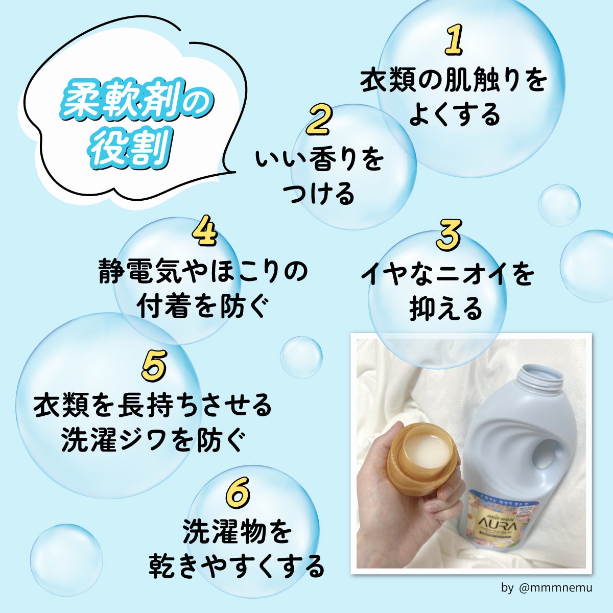 柔軟剤の6つの役割。衣類の肌触りをよくする、いい香りをつける、イヤなニオイを抑える、静電気やほこりの付着を防ぐ、衣類を長持ちさせる、洗濯ジワを防ぐ、洗濯物を乾きやすくする。