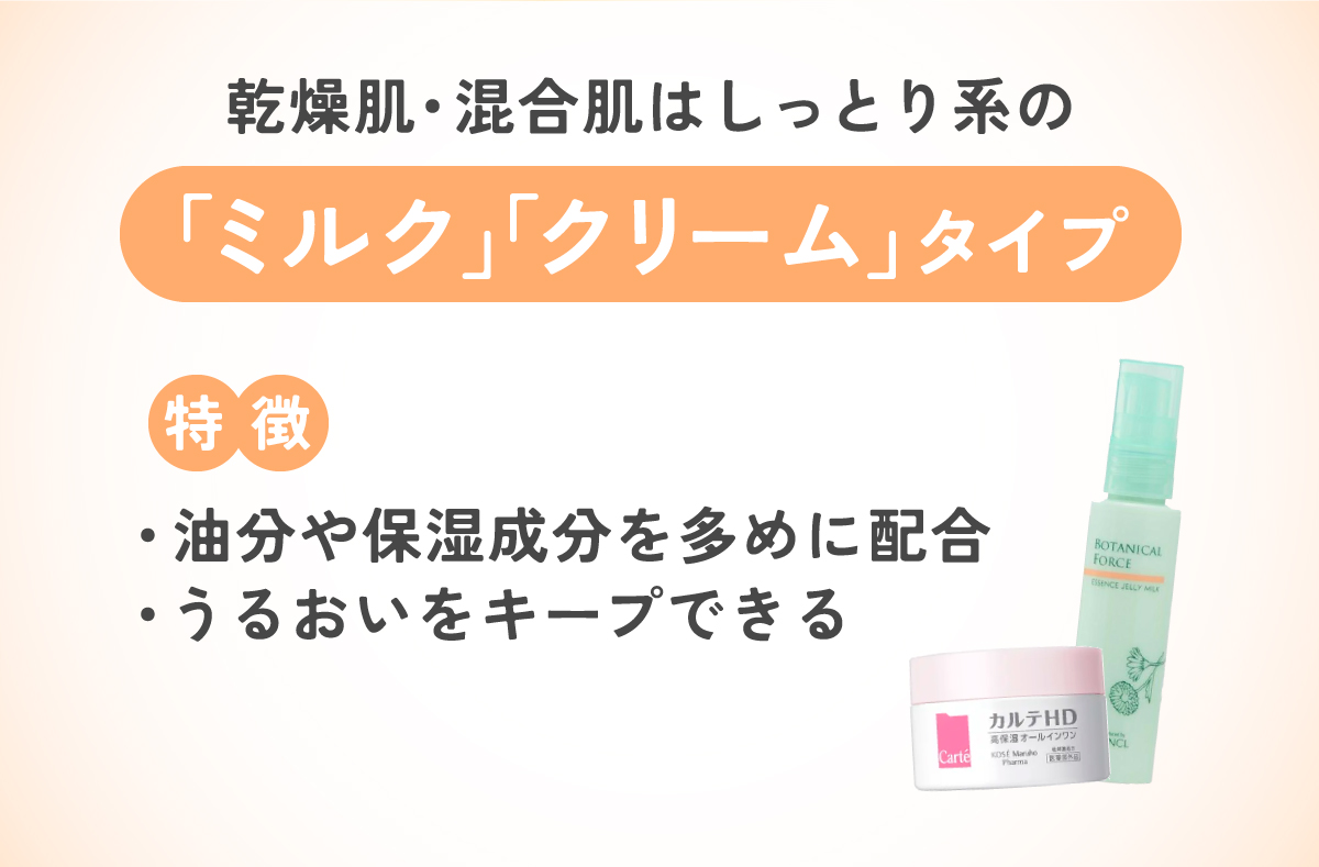 乾燥肌・混合肌はしっとり系のミルク・クリームタイプがおすすめ。油分や保湿成分を多めに配合していてうるおいをキープできます。