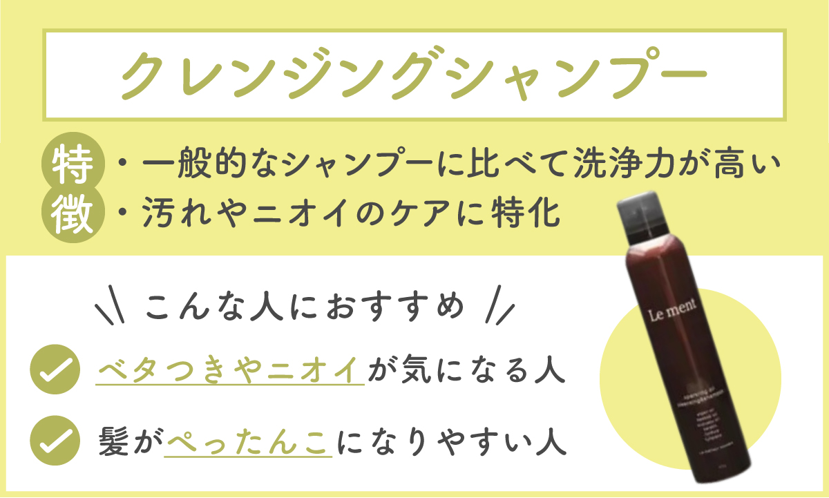 クレンジングシャンプーは、 一般的なシャンプーに比べて洗浄力が高く、汚れやニオイのケアに特化。ベタつきやニオイが気になる人・髪がぺったんこになりやすい人におすすめ。